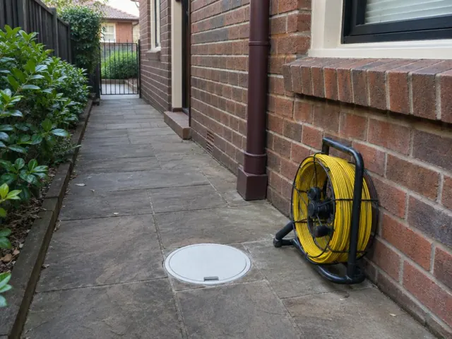 Capped inspection opening on a tiled side path beside a brick house and drain camera reel in Kensington
