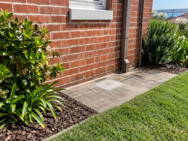 Flush access cover set in paved side yard beside brick house and garden in Coogee