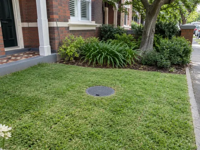 Flush circular sewer access cover set in a neat front lawn beside a brick house in Randwick